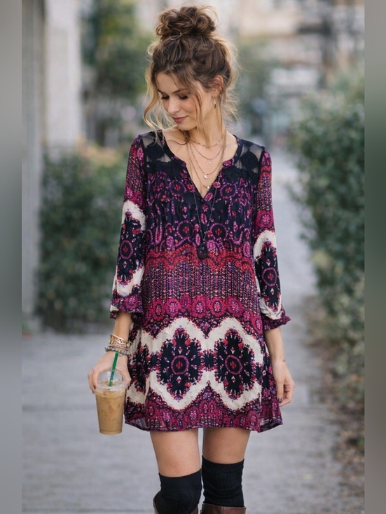 Gypsy 05 Dresses & Skirts - Gypsy 05 Silk Boho Pink Black Paisley Floral V-neck Mini Dress Lace Back Size S.
